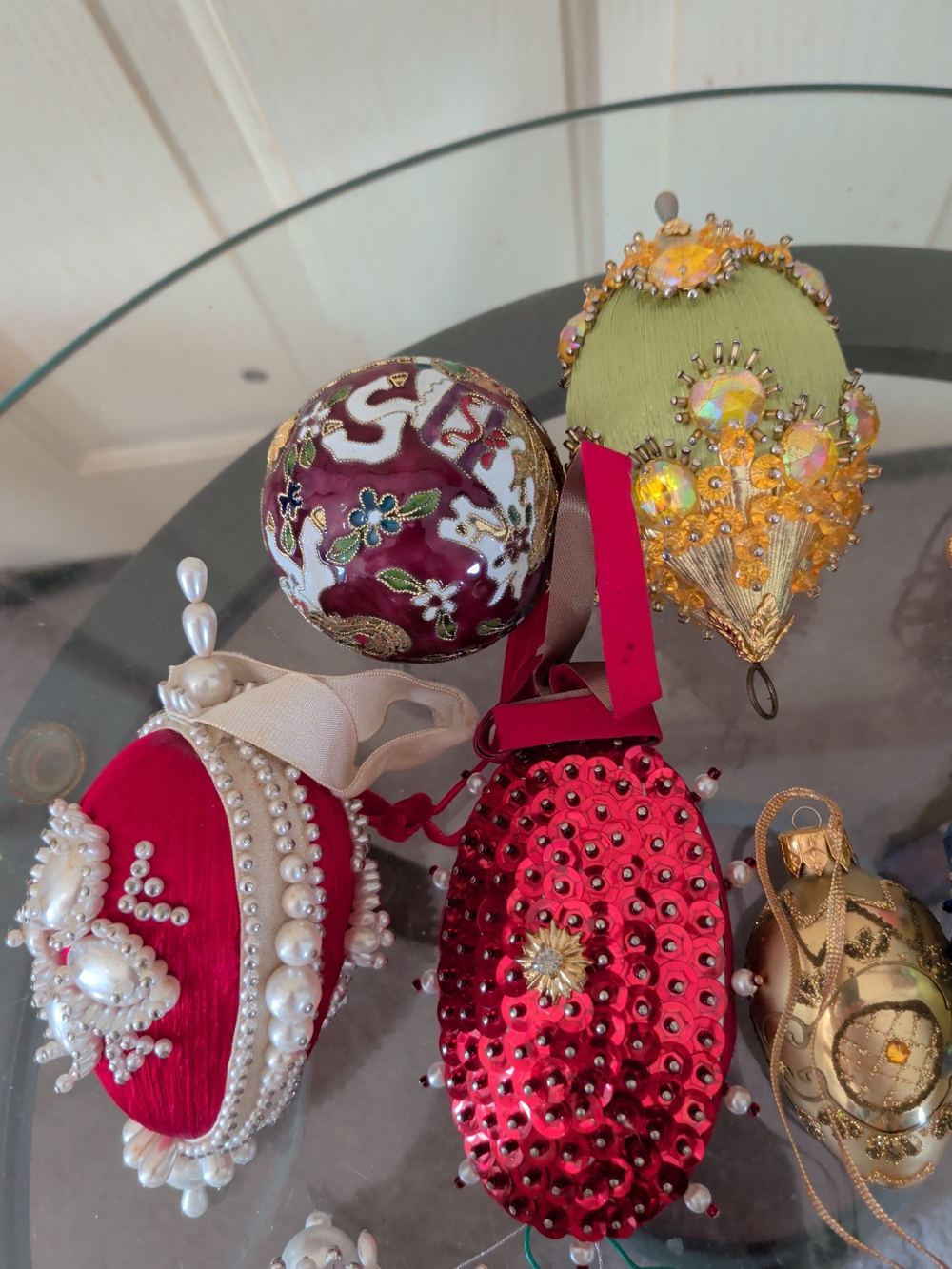 Handcrafted Red and Pink Beaded Holiday Ornament Trio